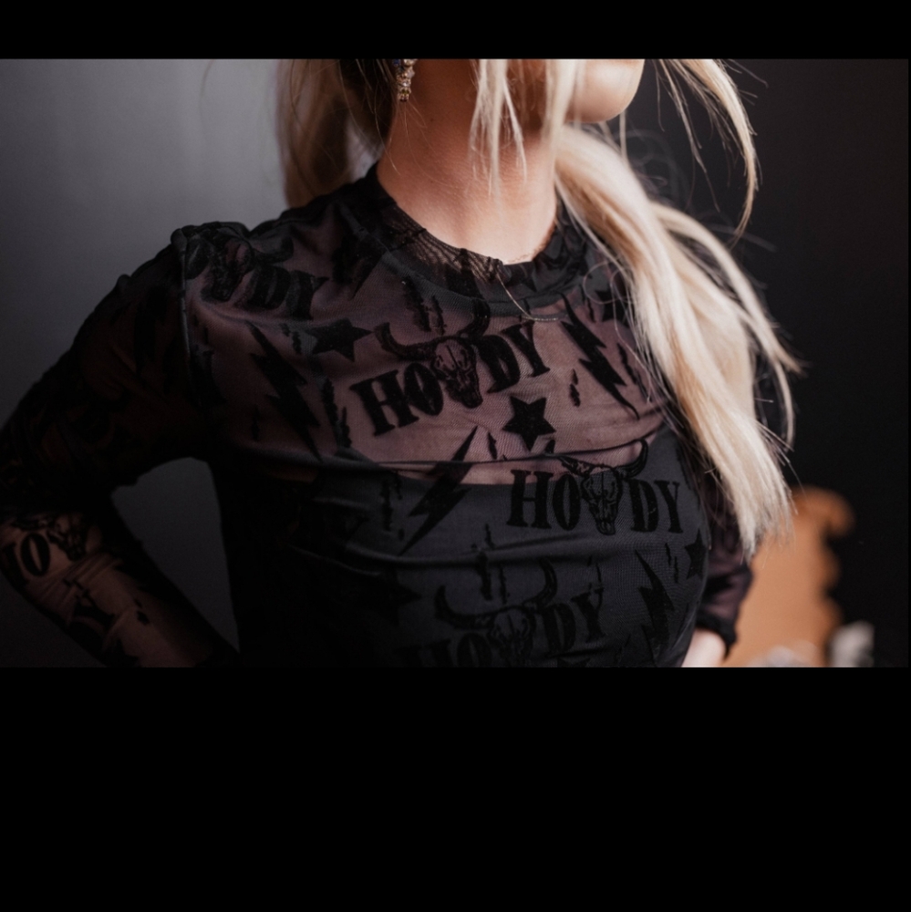 Black Sheer Graphic Long-Sleeve Top